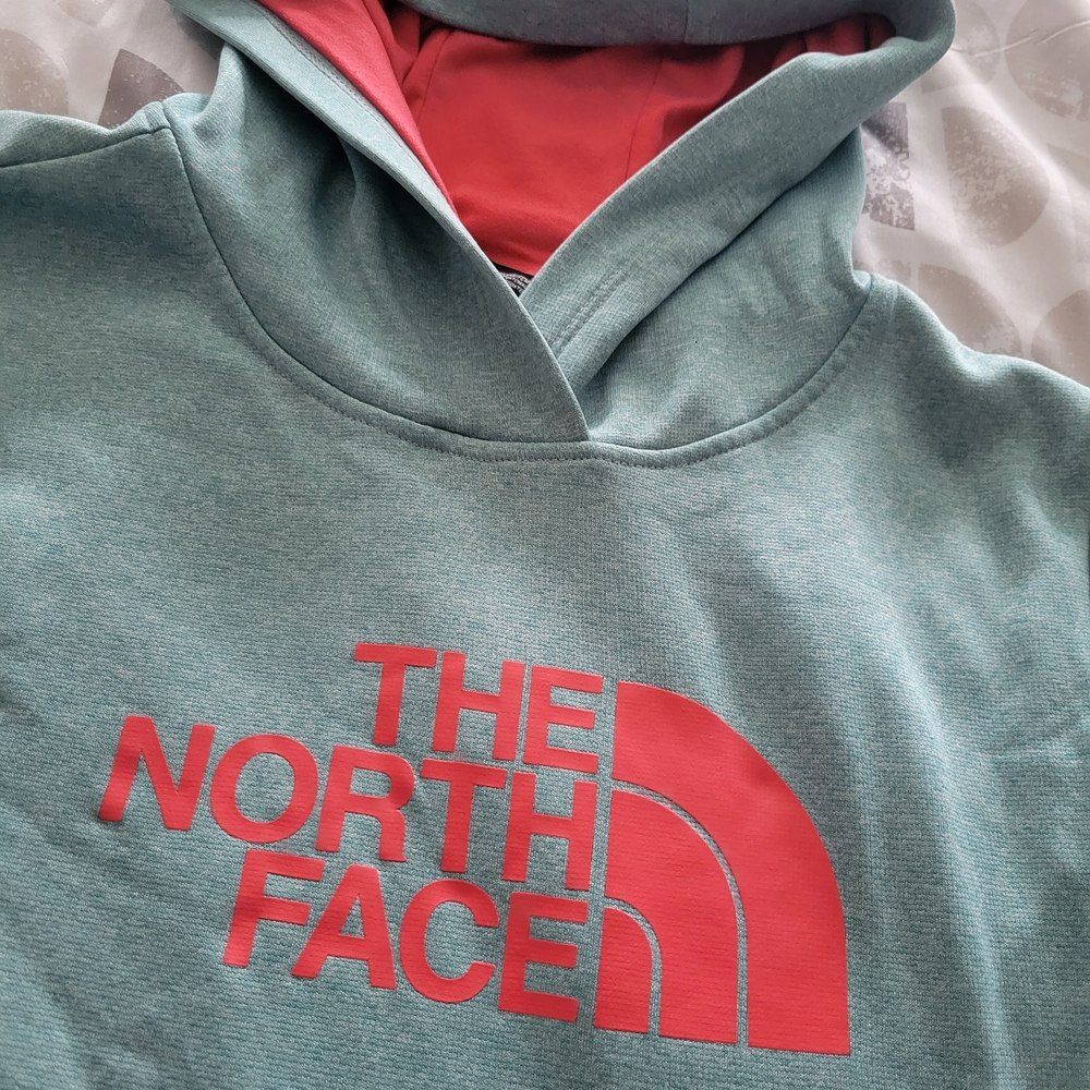 The North Face Light Blue Hoodie with Coral Logo